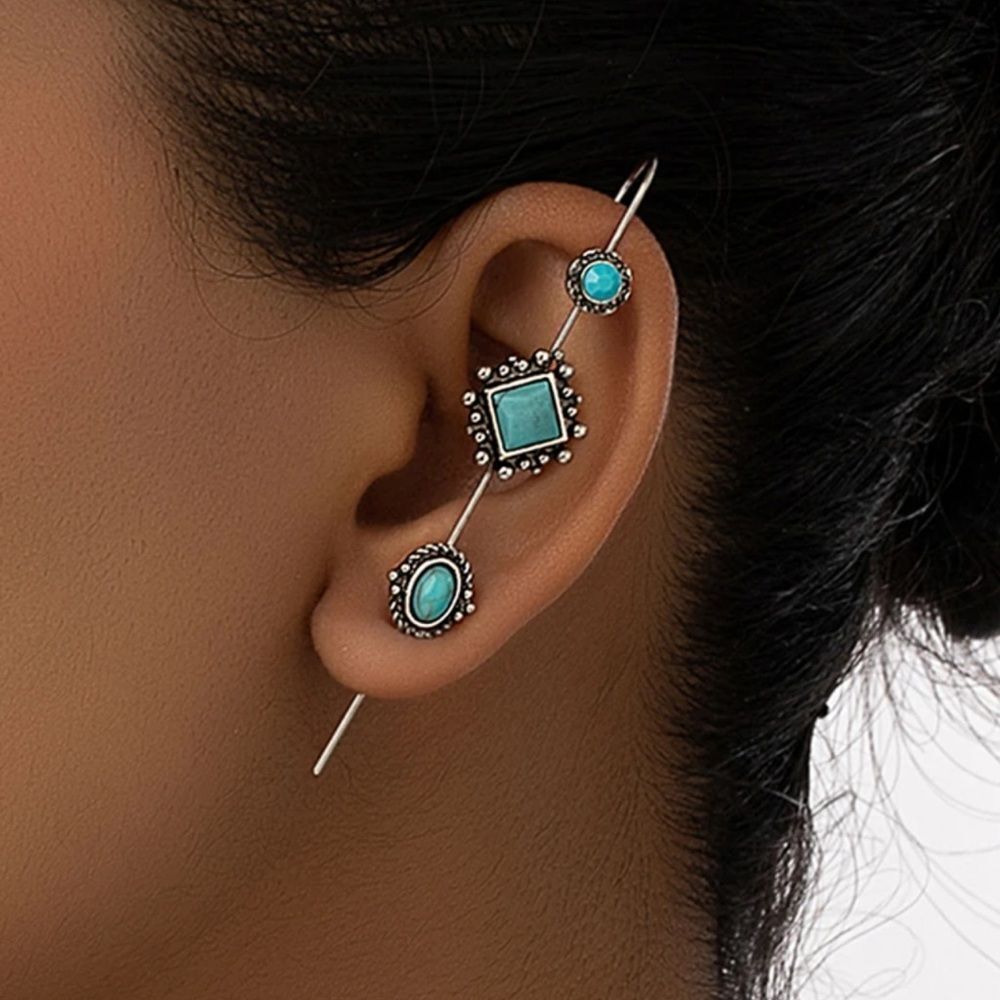 Free People Turquoise Bead and Stone Ear Cuff Set